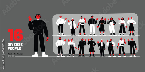 A diverse group of people with different poses and clothing styles