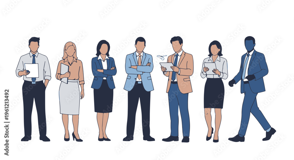 Obraz premium Business Professionals Diverse Group Illustration Displaying Corporate Teamwork and Professional Standing