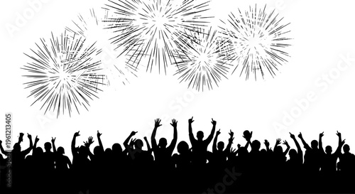Fireworks exploding with silhouetted crowd celebrating below featuring celebration, party, people with silhouettes and black elements for white,