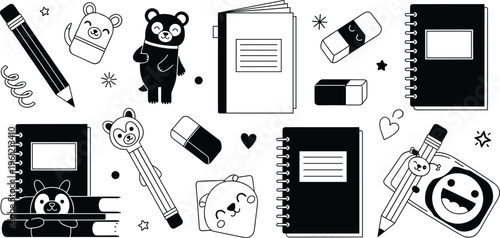 Cute School Supplies Icon Set Featuring Bears, Notebooks, Pencils, Erasers, and Stationery for Kids and Educational Designs