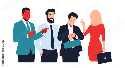 Business People Group Showing Workplace Dynamics with Pointing Time Pressure and Departure