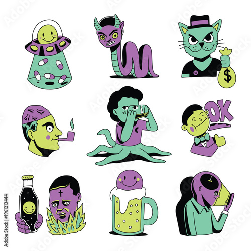 A collection of cartoon characters and objects in purple, green, and yellow