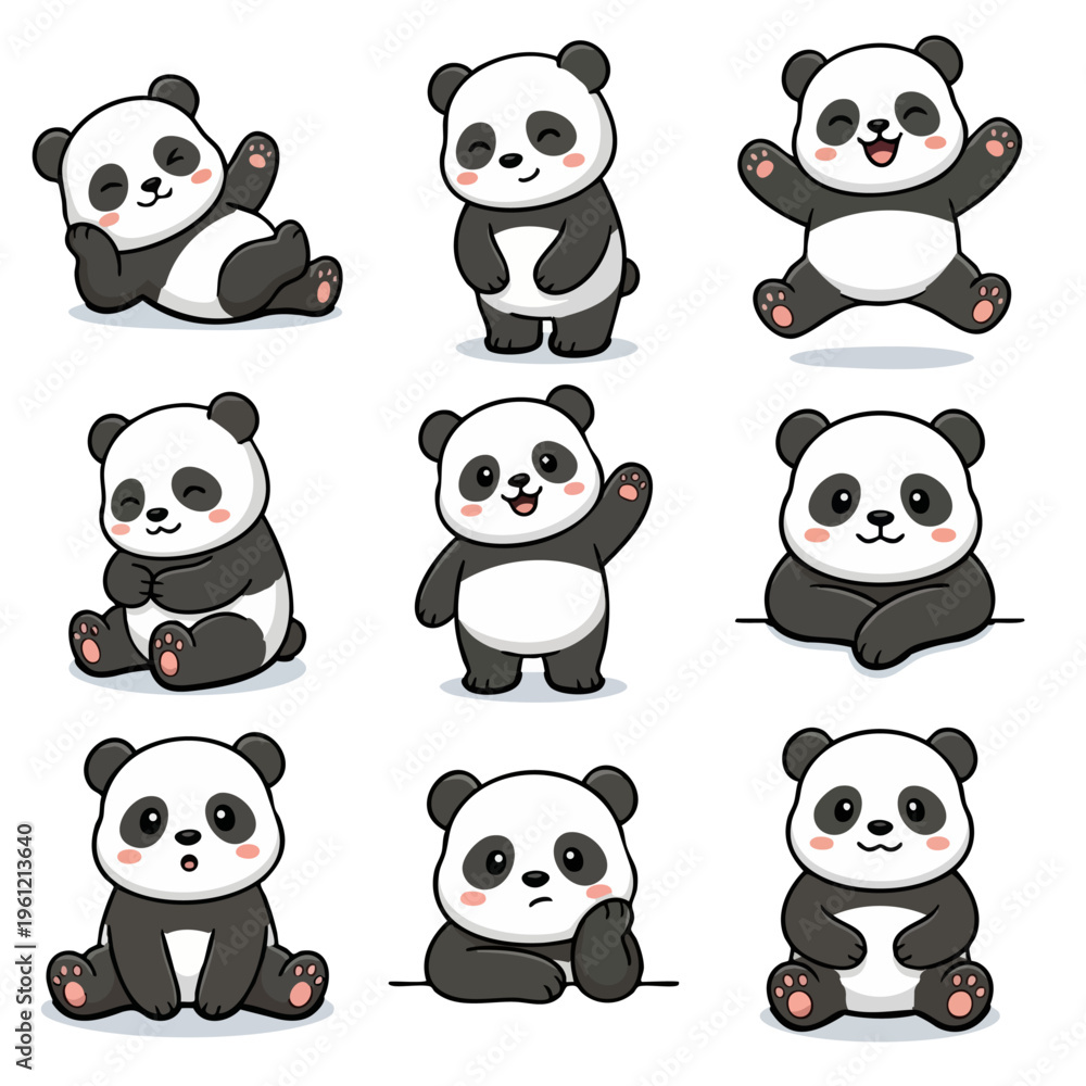Obraz premium Cute Panda Emoji Set Kawaii Baby Panda Expressions Vector
