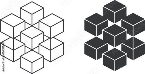 Geometric cube illustration, 3D block design, wireframe and solid vector, abstract shape artwork, spatial visualization graphic, flat vector illustration