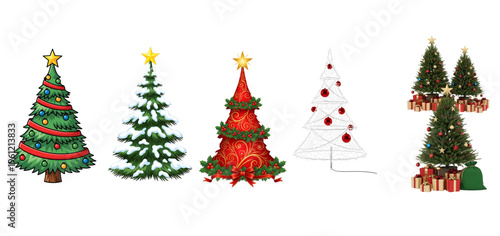 A group of decorated christmas trees in various styles and colors