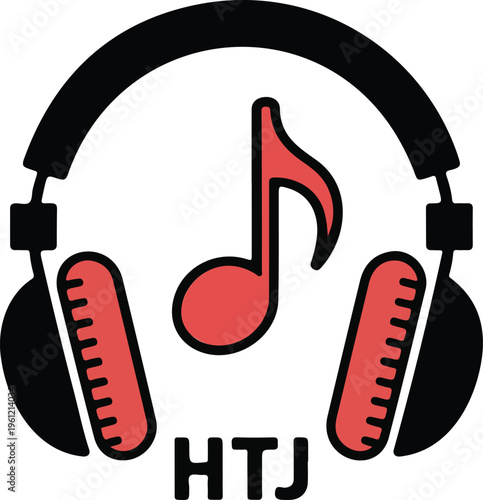 Modern music headphones and musical note logo icon for podcasting radio studio entertainment branding and sound production identity.