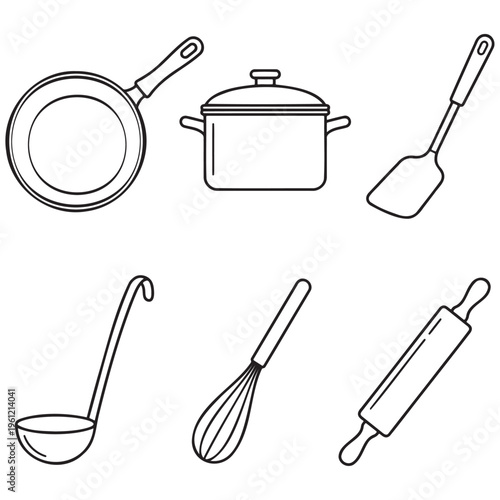 Collection of black outline kitchen utensils on white background cooking equipment