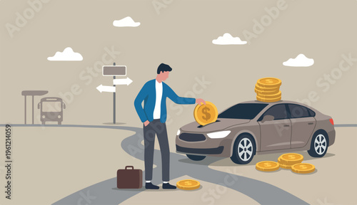 Car leasing or car loan, borrow money too buy new car, rental auto too maintenance cost, debt, purchase buy new trend vehicle concept, businessman hand to owner put dollar money coin into new car.
