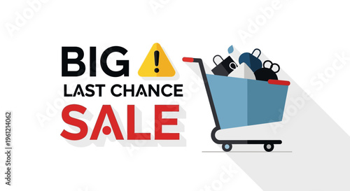 Sale shopping cart icon, last chance sale badge, shopping cart filled with products, ecommerce discount symbol