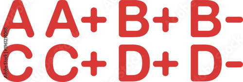 Red blood type letters set with plus and minus symbols for medical health infographic healthcare design and laboratory blood donation education concept vector.