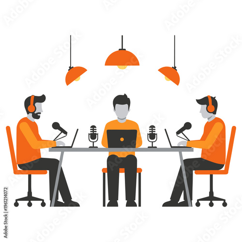 Three podcasters in studio recording podcast around table with microphones laptops and lights