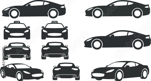 Sports Car and Taxi Cab Silhouette Icons, Side and Front View Automotive Vector Collection