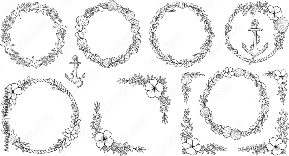 Fototapeta premium Nautical Floral Wreath Frame Line Art Set Featuring Anchors, Seashells, Leaves and Decorative Circular Borders Collection