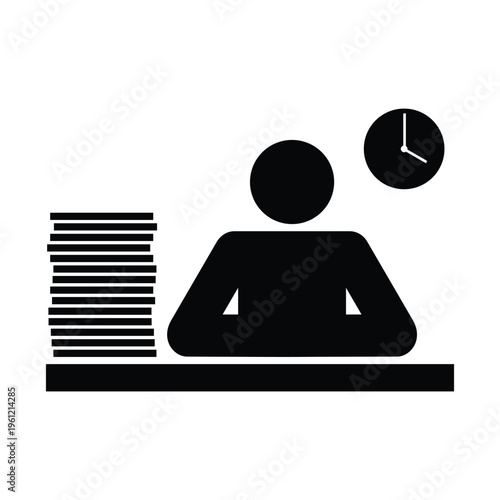 Person working at desk with stack of papers and clock. deadline icon design.