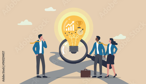 Business insights intelligence information competitive win competition, discover business solution concept business people team looking lightbulb floating from magnifying glass