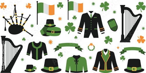 St Patricks Day Icon Set Featuring Irish Flag, Leprechaun Hat, Harp, Shamrock, Traditional Costume and Festive Elements Collection