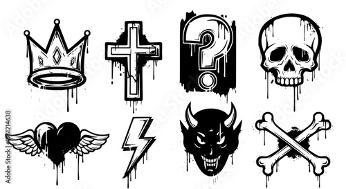 Tattoo icons set with black grunge dripping effects and white outlines, featuring crown, cross, question mark, skull, heart, lightning bolt, devil,