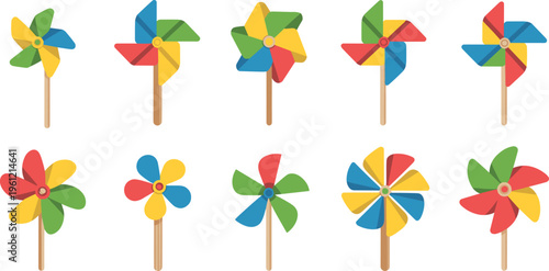Colorful toy pinwheel vector icon set featuring various paper windmill designs in bright primary colors isolated on white background for kids or summer themes.