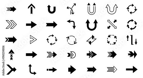 Arrows icon set with various directional and rotational symbols in black and white outline styles featuring direction, navigation, pointer with