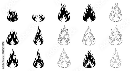 Flames icon set with various designs and styles, isolated on white background. featuring flame, fire, burn with heat and hot elements for inferno,