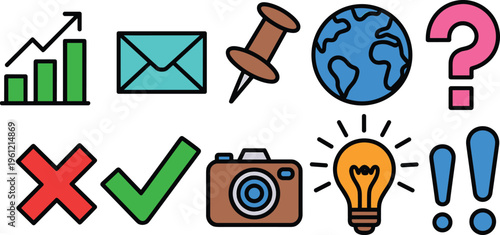Set of flat business and web vector icons featuring growth chart envelope pushpin world globe question mark checkmark cross camera lightbulb and exclamation point isolated on white.