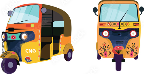 Colorful set of traditional auto rickshaw cng vehicles from south asia with artistic floral patterns and decorations.