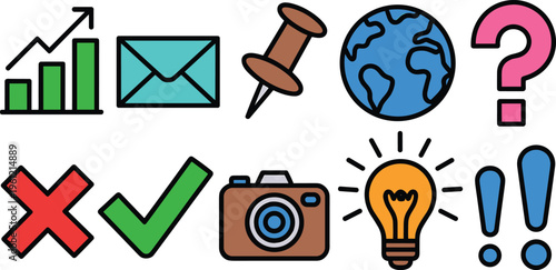 Set of flat business and web vector icons featuring growth chart envelope pushpin world globe question mark checkmark cross camera lightbulb and exclamation point isolated on white.