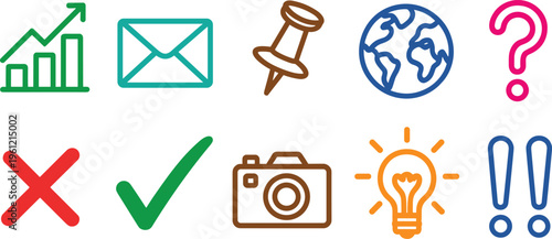 Set of colorful line art business and web vector icons featuring growth chart envelope pushpin world globe question mark checkmark cross camera lightbulb and exclamation point isolated on white.