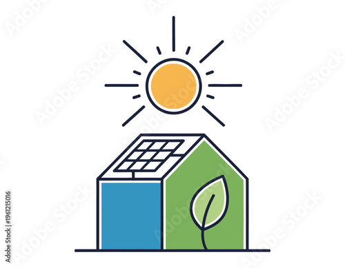 Solar powered house with leaf and sun silhouette