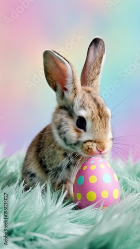 Little bunny with Easter egg on blurred furry pastel background