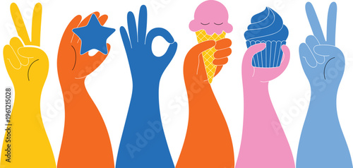 Colorful set of human hands making peace signs okay gestures holding star ice cream and cupcake in flat style.