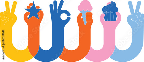 Colorful set of human hands making peace signs okay gestures holding star ice cream and cupcake in flat style.