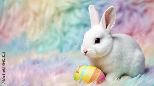 Little bunny with Easter egg on blurred furry pastel background