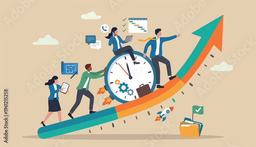 Time management, effort efficiency boost productivity finish project teamwork planning, multitasking finish work within in to deadline concept, business people riding clock up rising arrow