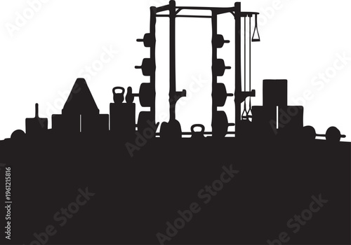 Gym equipment silhouette with weights and racks.