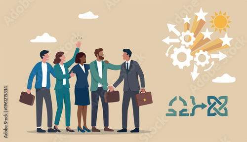 Merger and acquisition, company join force partnership working together new opportunity successful concept, businessmen merging together celebrating ambitious for bright future