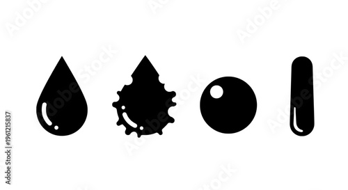 Drops collection with liquid, splash, sphere, and capsule shapes in solid black. featuring droplet, water, splatter with blob and circle elements for