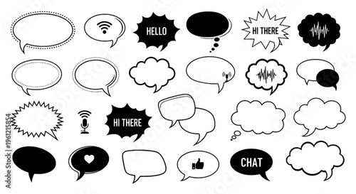 Speech bubbles set with various shapes and messages for communication design featuring vector, illustration, chat with conversation and text elements
