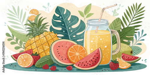 Tropical fruit assortment with juice in mason jar, pineapple, watermelon, orange, leaves, hand drawn