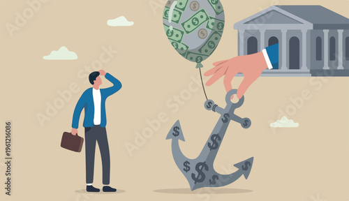 Monetary policy to lower inflation, keep cost or expense low for profit, FED central bank interest rate control metaphor, businessman government throwing burden anchor tie with money dollar balloon