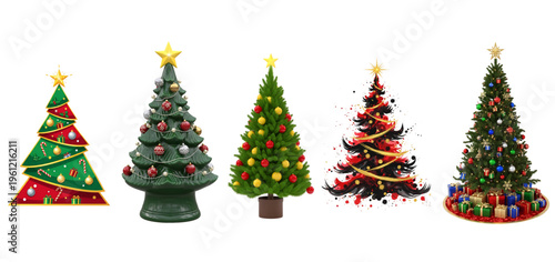 A group of christmas trees with different ornaments