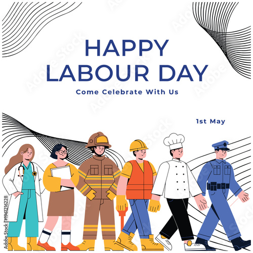 Happy labour day come celebrate with us, diverse group of professionals walking on white background.