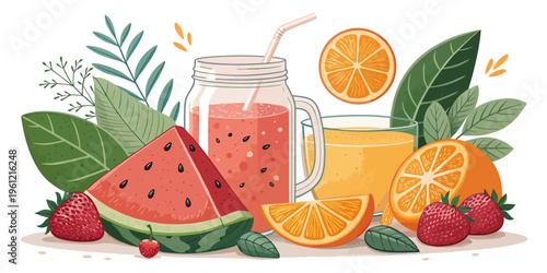 Summer fruit refreshments with watermelon, orange, strawberries, and orange juice in glass, hand drawn