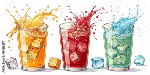 Three colorful splashing juices with ice cubes, refreshing summer drinks in glasses, hand drawn