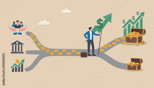 Cash flow, investment fund flow raising bank loan financial activity making money profit concept, Businessman leader investor holding flag control flow money Dollar coins.