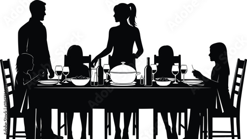 Black silhouette illustration of a large happy family gathered around a long dining table for a festive dinner celebration on white background