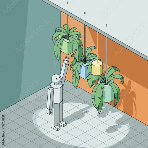 A minimalist robot figure reaching up to touch a hanging plant, illuminated by a spotlight.