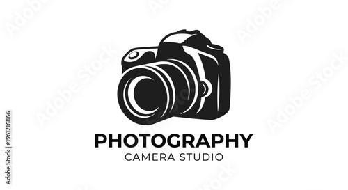 Professional photography camera studio logo design featuring a black DSLR camera icon isolated on white background for creative media and imaging concepts.