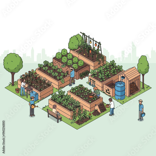 Community Garden with People Working and Harvesting Produce.