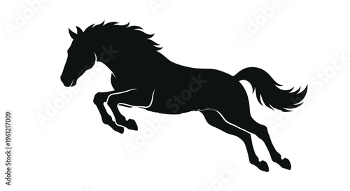 Professional black silhouette of a powerful jumping horse isolated on white background for equestrian and sports branding concepts.